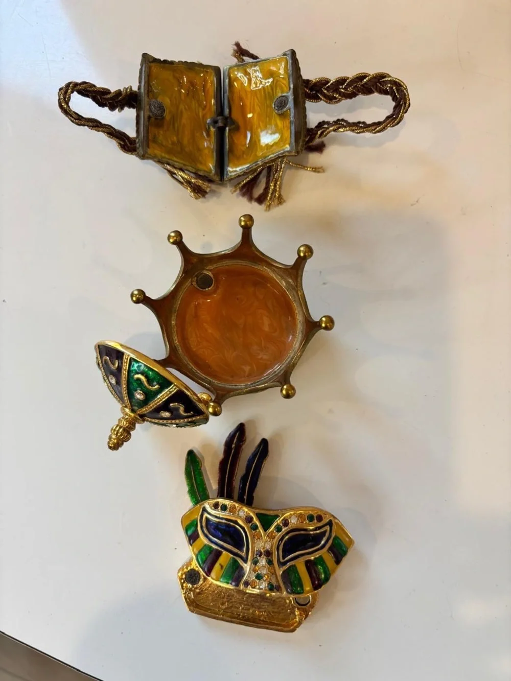 Mardi Gras Enamel Trinket Box Lot - Mask, Crown, and Woven Basket Designs